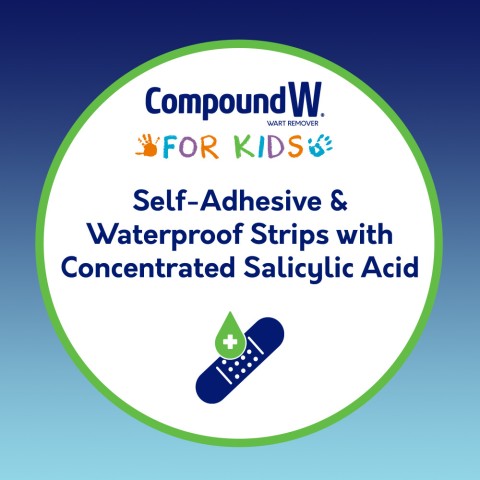 Compound W One Step Strips for Kids are self adhesive & waterproof strips with concentrated salicylic acid