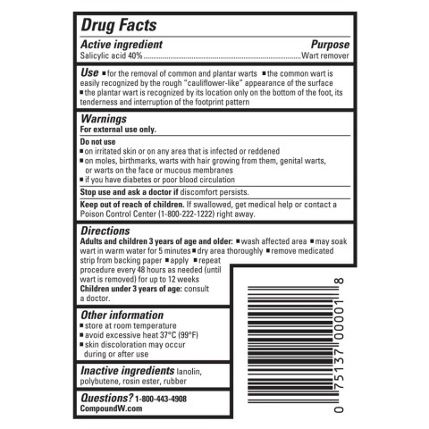 Compound W One Step Strips for Kids drug facts high contrast