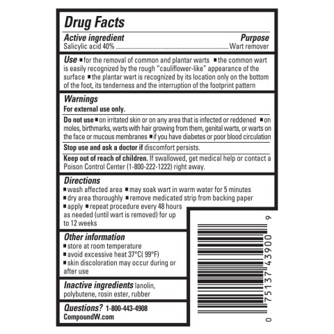 Compound W One Step Invisible Strips drug facts high contrast